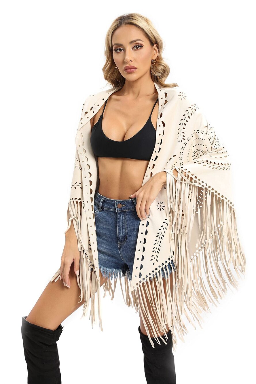 3374 Fashion Faux Suede Laser Cut Triangle Stoles Cape Shrug Scarf